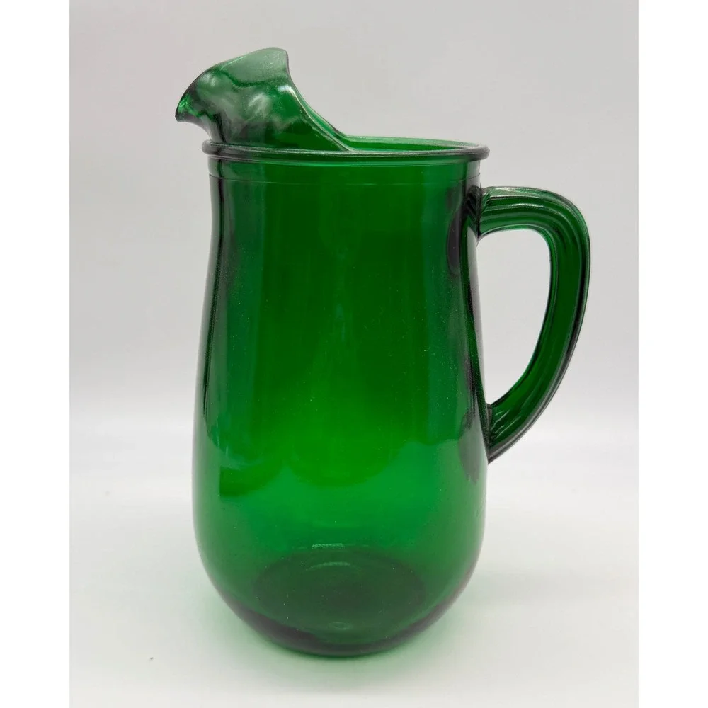 Vtg Anchor Emerald Green Glass Pitcher Ice Lip Ribbed Handle Mid Century 8.5